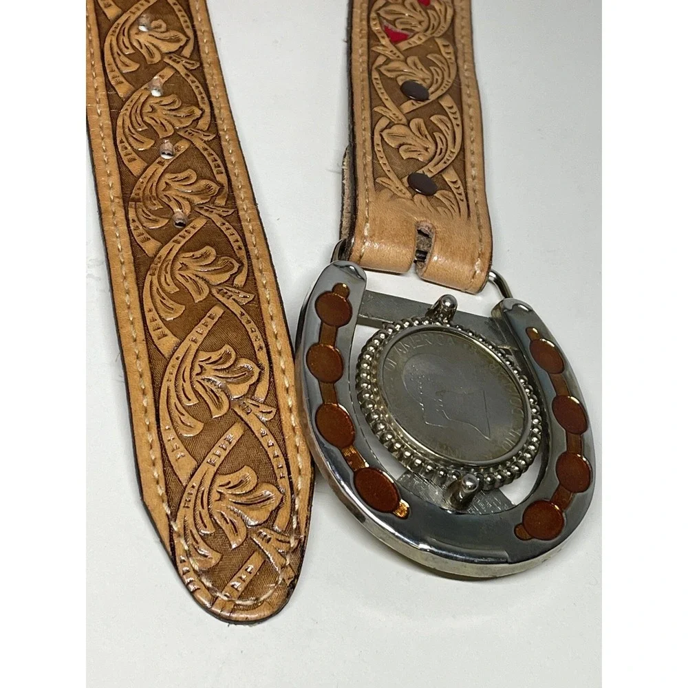 Vintage Western Leather tooled  belt horseshoe USA Dollar Coin  Buckle Sz 32